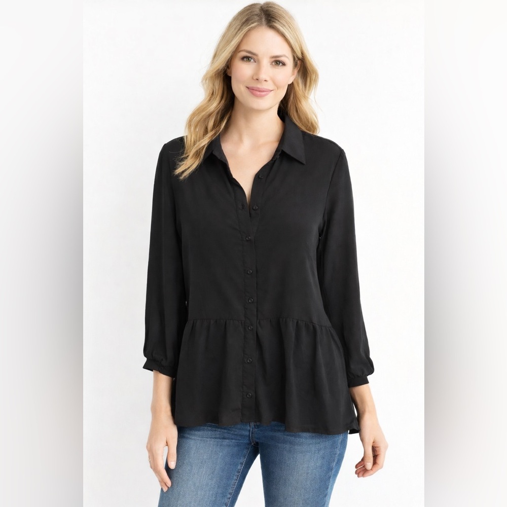 Joan Voss Designer Blouse Petite Small Black Flowy High Low Lightweight NWT